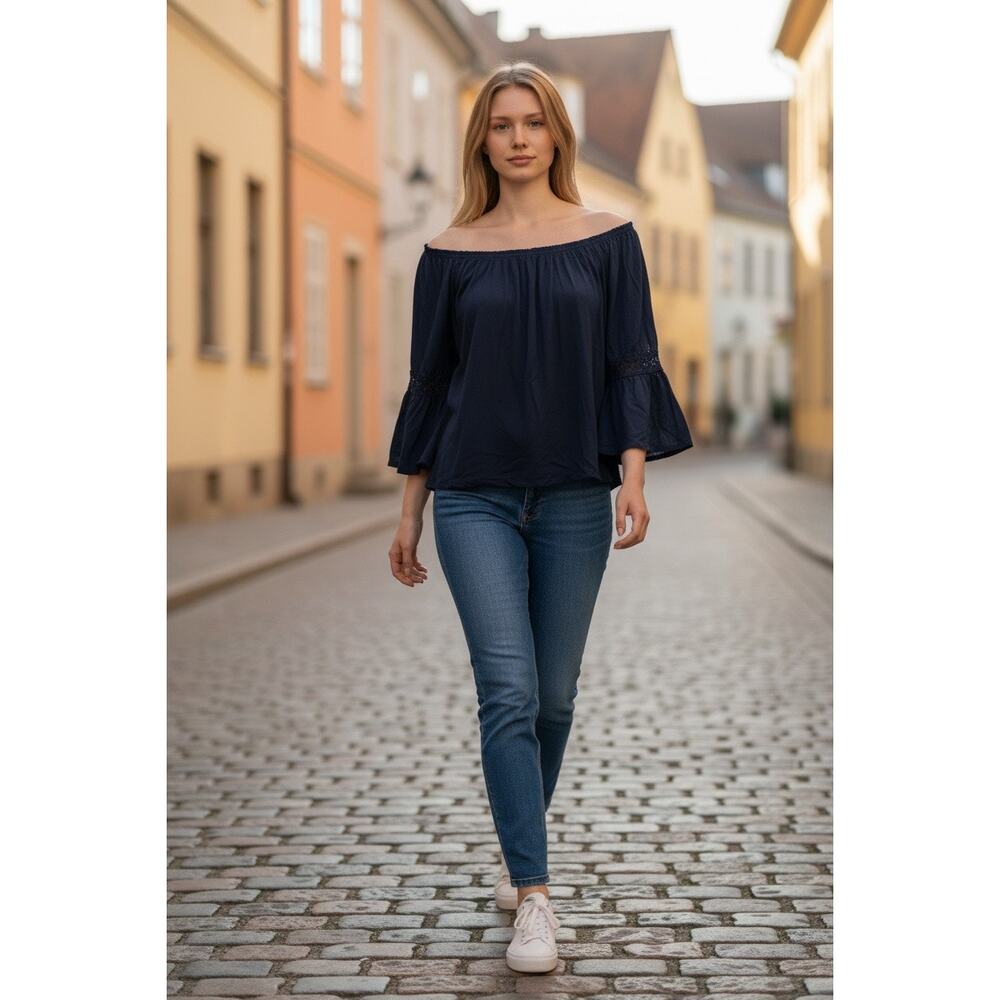Forever 21 Boho Navy Blue Flowy Blouse Top S Juniors Peasant Festival Chiffon - Picture 4 of 9